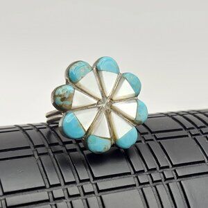Vintage Zuni Turquoise Flower Ring, Sterling Native American Ring Size 4.75
